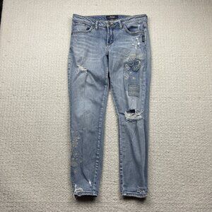 Silver Jeans Aiko Ankle Skinny 28 X 27 Distressed Paisley Denim Boho Raw Hem